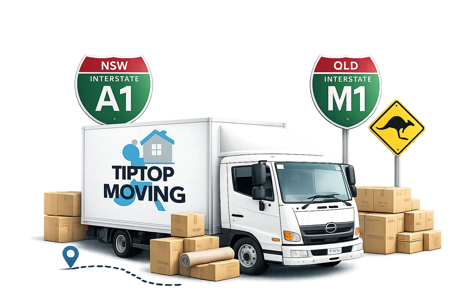 TipTop Moving — interstate removals truck with NSW and QLD highway signs